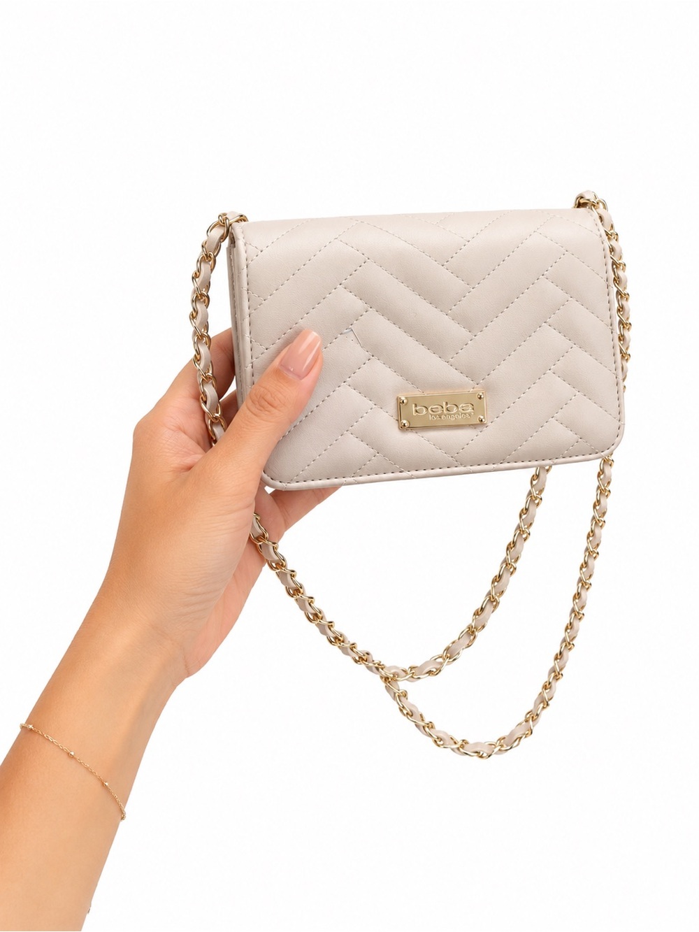 bebe Quilted Crossbody Bag in Cream with Gold Chain